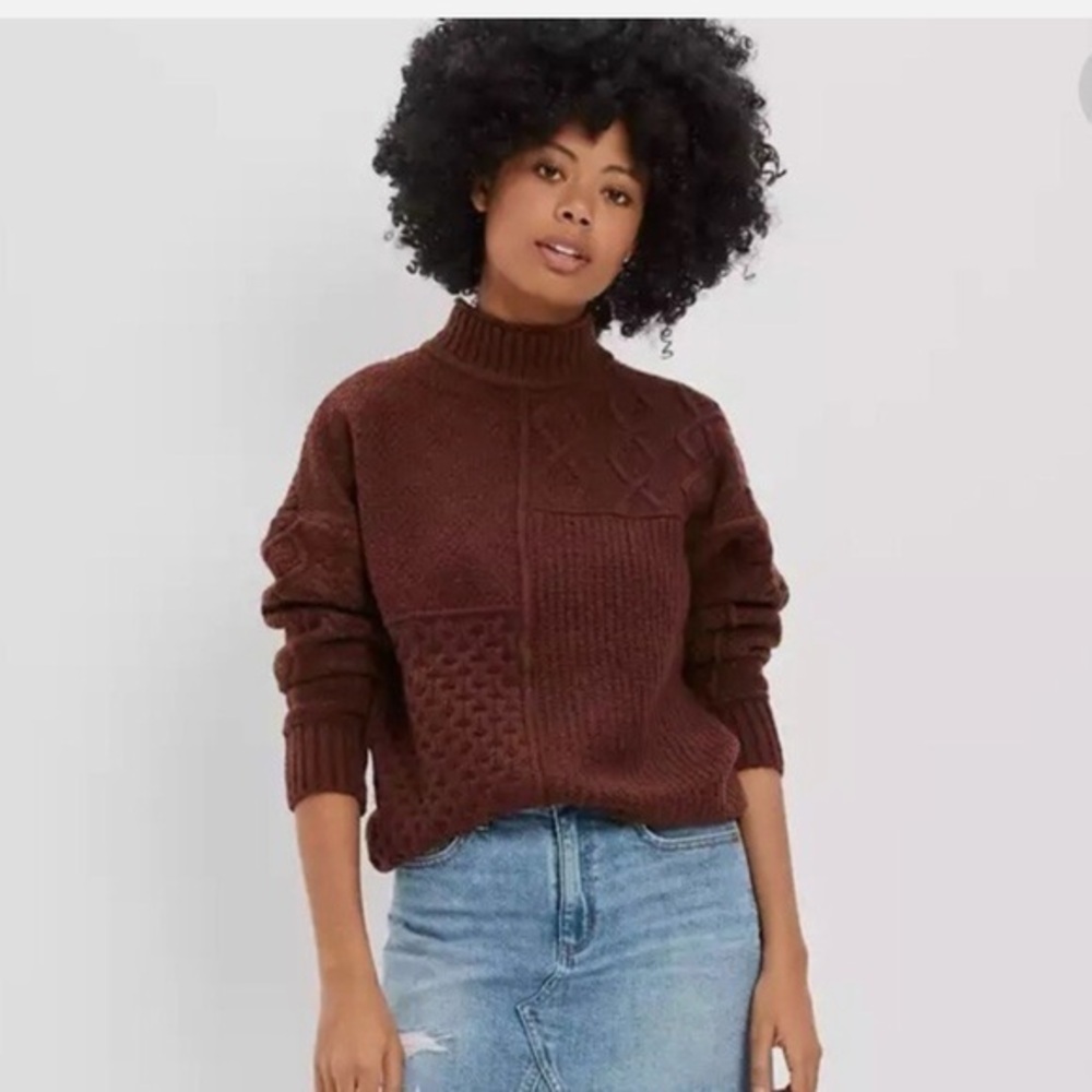 NWOT AE Brown Knitted Pullover Mock Neck Sweater
